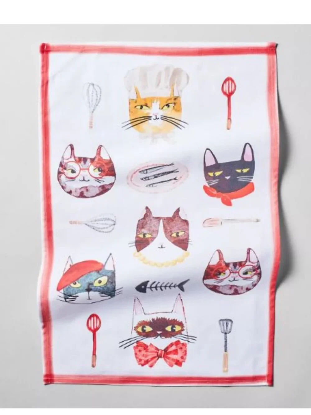 Sur la Table Cute Cat Print Kitchen Tea Towel Cotton White and Red NEW